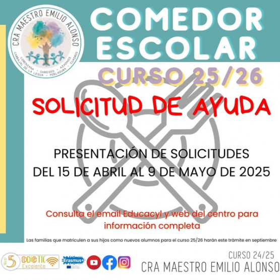 Abierto el plazo de solicitud de ayuda para el comedor escolar en el CRA Maestro Emilio Alonso
