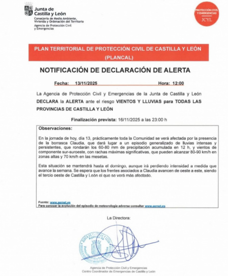 Castilla y León activa la alerta por vientos y lluvias intensas ante la llegada de la borrasca Claudia