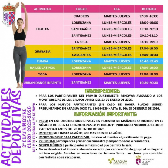 Abierto el plazo de inscripción para las actividades deportivas del segundo cuatrimestre en el municipio de Cuadros